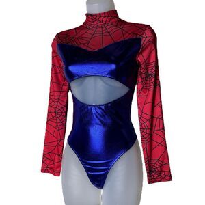 NEW XS Sexy Spiderwoman Bodysuit Open Front‎ Leotard Halloween Costume Spider